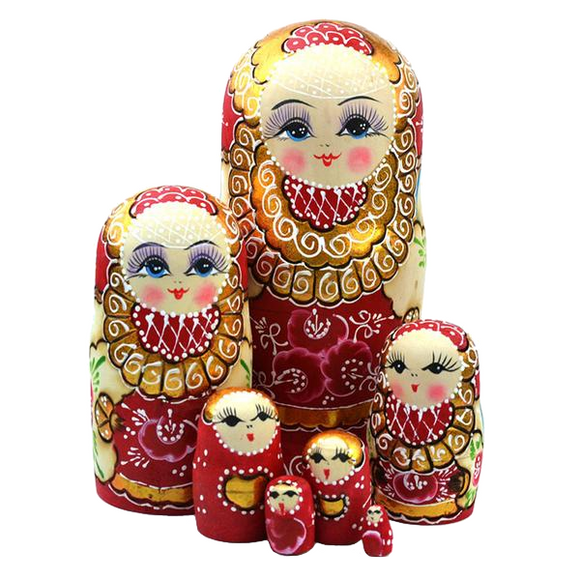 Wooden Red and Gold Russian Matryoshka Nesting Dolls 7 Pieces