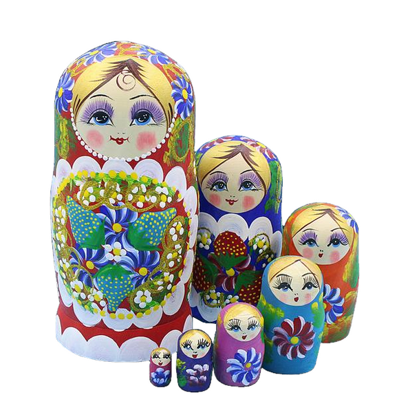 Multi Colored Yellow Matryoshka Nesting Dolls 7 Pieces