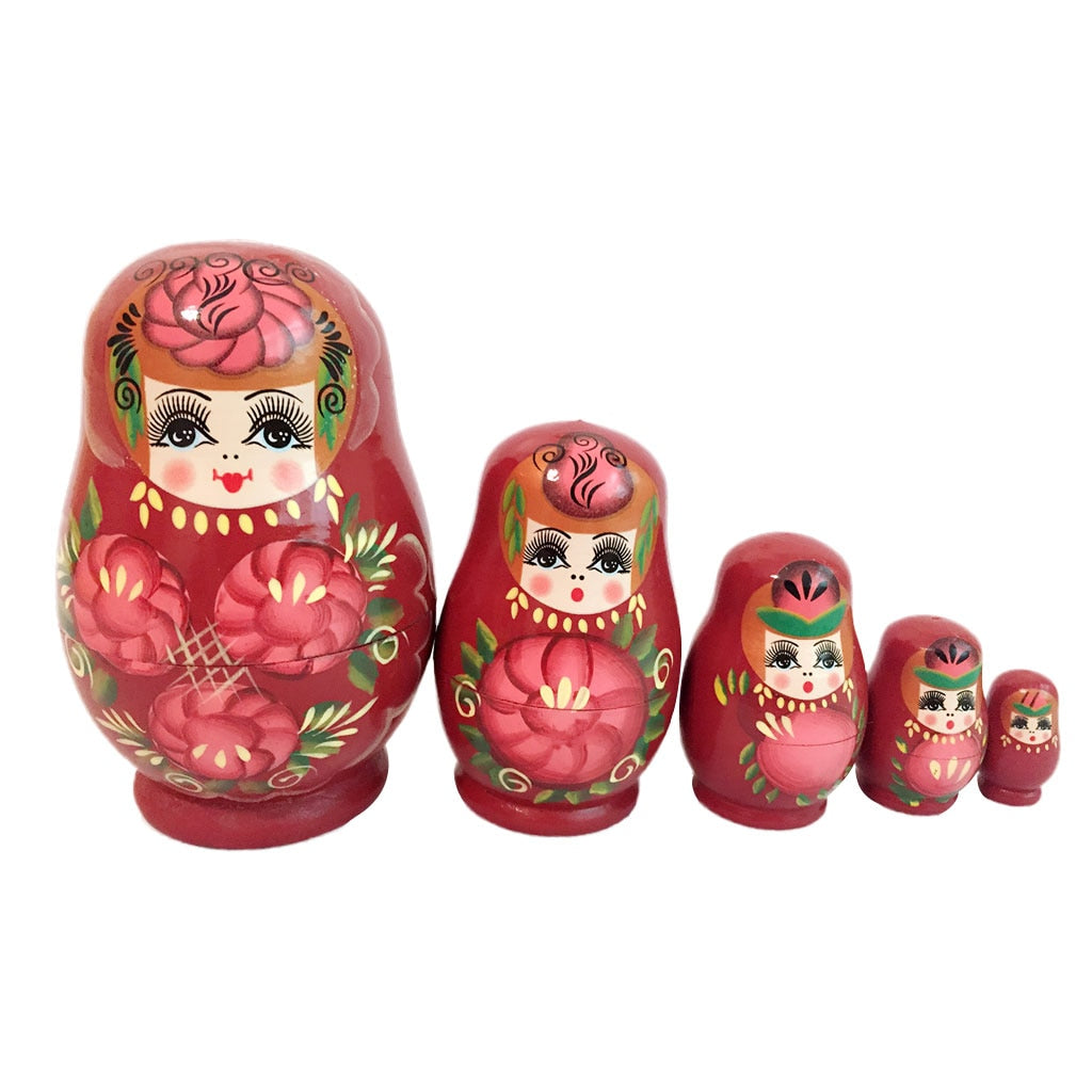 Red Wooden Matryoshka Nesting Dolls 5 Pieces