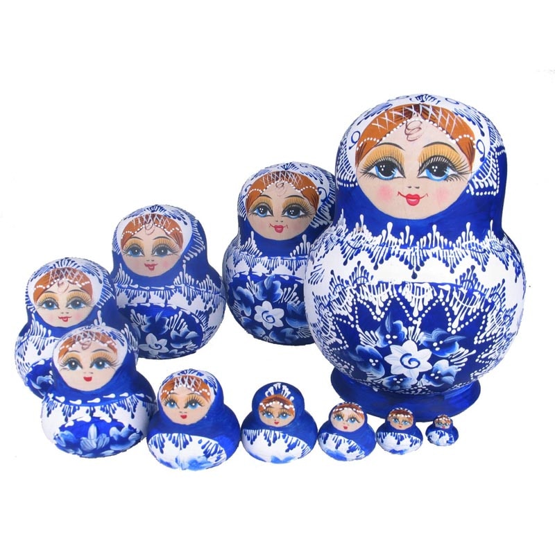 White and Blue Wooden Matryoshka Nesting Dolls 10 Pieces