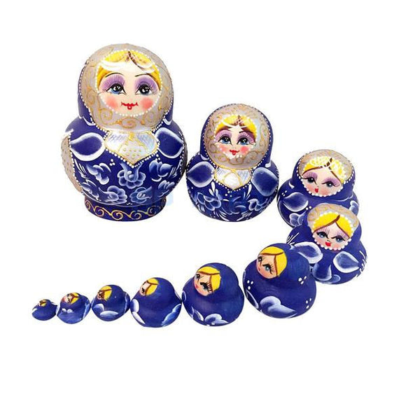 Blue Small Matryoshka Nesting Dolls 10 Pieces
