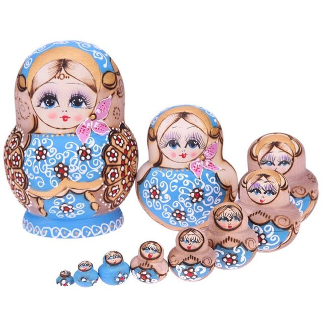 Blue Wooden Matryoshka Dolls 10 Pieces