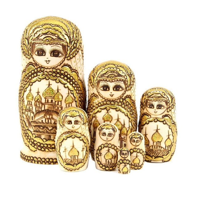 Gold Basswood Authentic Matryoshka Nesting Dolls 7 Pieces